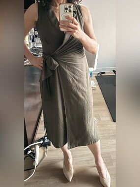 Staple Sleeveless Midi Linen Dress in Dark Olive with Self-Tie Belt
